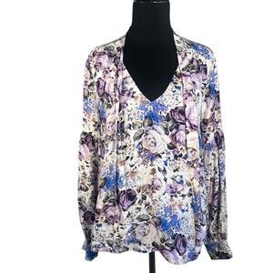 Parker Size Medium Long Sleeve 100% Silk Floral V-Neck Women's Top
